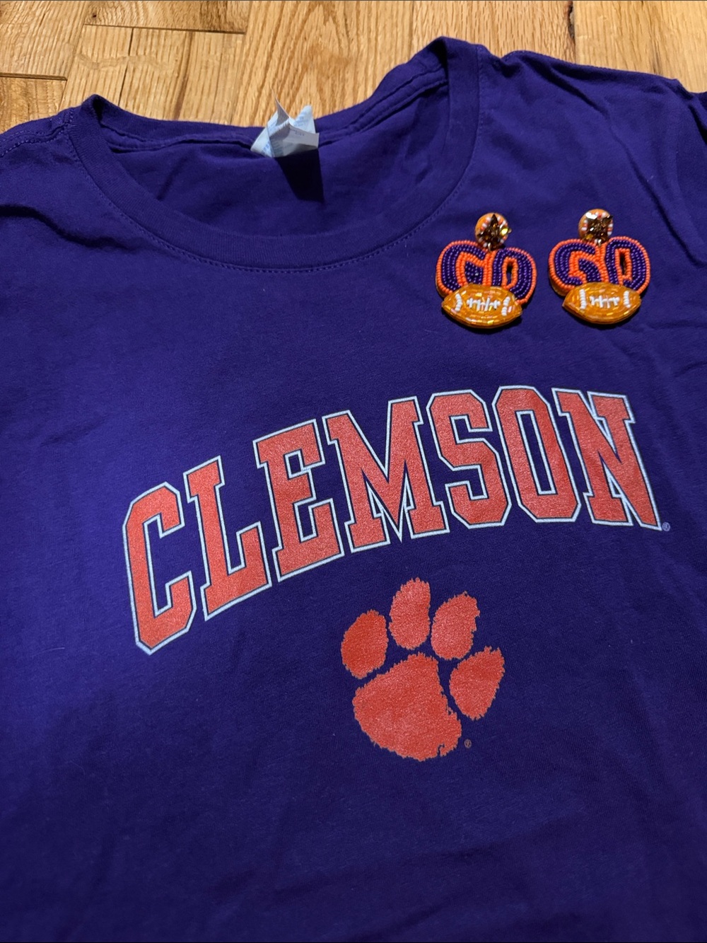 Clemson T-shirt and beaded GO earrings